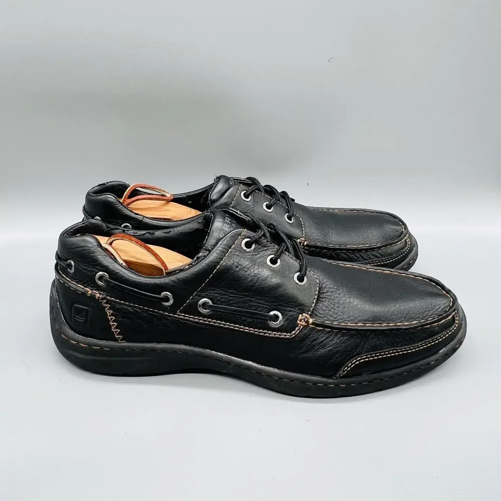 Sperry Shoes Mens 12 Black Leather Top Sider Boat Deck Moc Toe Casual Comfort